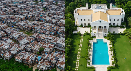 Juxtaposition of Impoverished Slums and Luxurious Mansion Aerial View Showing Economic Divide and Social Inequality in Housing