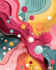 Vibrant abstract design with colorful shapes and patterns. Virus dynamic shapes.