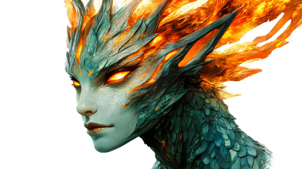 Scalemail humanoid character with blazing hair and eyes. cut out transparent