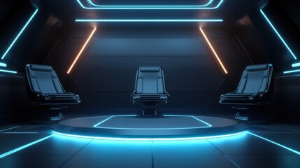 Futuristic conference space, sleek design with glowing blue accents, ideal for tech presentations and innovative meetings.