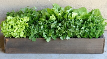 Fresh herbs and lettuce in a wooden planter box. Lush green leaves of various types fill the planter