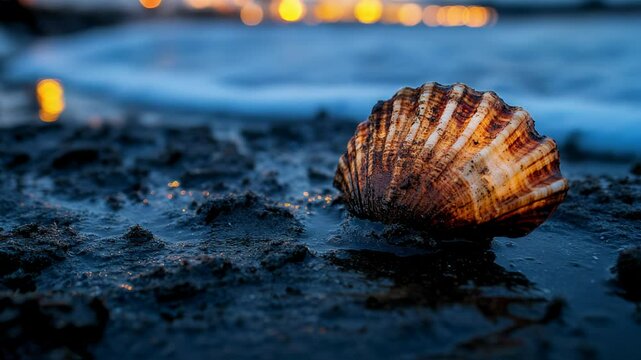 A stunning view of a detailed scallop shell on wet sand at twilight, beside the vast ocean beyond the horizon