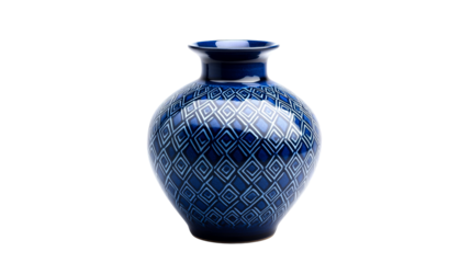 Elegant blue ceramic vase with diamond pattern decor. cut out transparent
