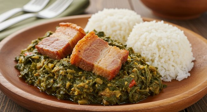 A wooden plate filled with laing dish, two pieces of pork belly and two scoops of white rice on the side
