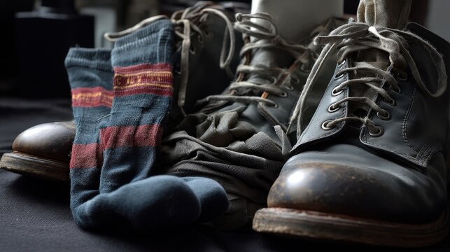 Mismatched socks teasingly peeking out from boots indoor setting realistic photograph cozy environment close-up view whimsical concept
