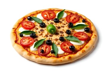 Delicious pizza with mozzarella, tomato, olives, and basil. The pizza is round with a thin crust and is beautifully arranged.