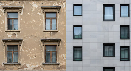 Obraz premium Old Versus New Building Facades Featuring Architectural Windows with Weathered Textures and Symmetrical Panel Design