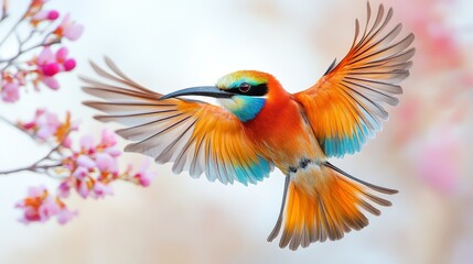 Obraz premium Vibrant bird in flight near pink blossoms.