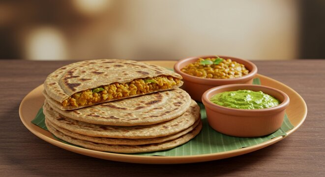 Stack of stuffed paratha with dal and green chutney served on a plate with banana leaf
