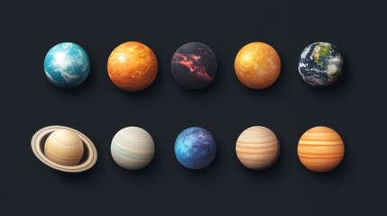 Fototapeta premium Colorful planets arranged in a line, vibrant celestial bodies showcasing unique textures and colors in a cosmic theme.