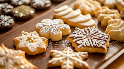 Christmas Cookies on Wooden Board: An assortment of beautifully decorated Christmas cookies, including snowflake, star, and tree shapes, arranged on a rustic wooden board.