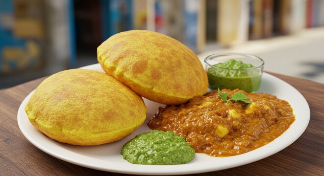 A plate of puri bhaji with green chutney served on a white plate on a wooden table outside restaurant