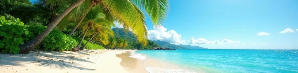 Lush Hawaiian palm trees bend over white sand beach, green, island