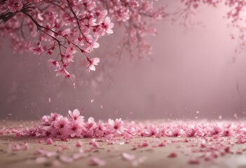 Abstract pink sakura petals gently falling against a dreamy, blurred background  ,  pastel,  flora
