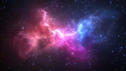 Naklejka premium Vibrant cosmic nebula, swirling pink and blue gases in a deep space backdrop, perfect for sci-fi themes and celestial designs.