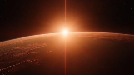 Sunrise over a distant planet, vivid orange glow illuminating horizon, cosmic beauty, ideal for space-themed projects.