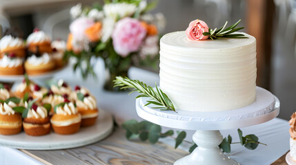 Elegant White Celebration Cake with Pink Rose and Greenery on Rustic Dessert Table