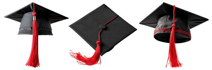 Set of three traditional square academic graduation caps with long red tassels, isolated on transparent background, symbolizing education, achievement, and ceremony.h