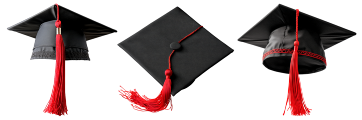 Set of three traditional square academic graduation caps with long red tassels, isolated on transparent background, symbolizing education, achievement, and ceremony.h