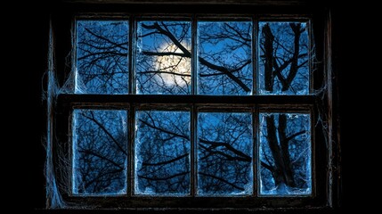 Moonlit window, dark woods