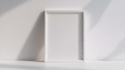 Empty white frame on minimalist wall with soft shadows