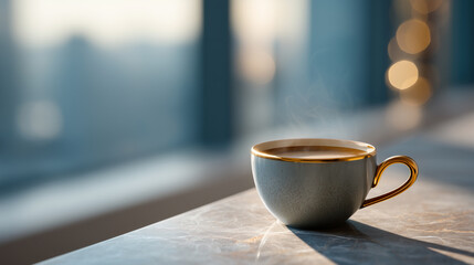 窓際のテーブルに置かれた金色の取っ手付きコーヒーカップ | 静けさの演出