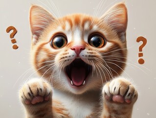 Surprised orange tabby kitten raising paws, floating question marks swirling around in beige backdrop.