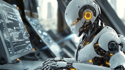 Futuristic robot working at a computer terminal in a modern, advanced facility.  Detailed mechanical design with visible internal components