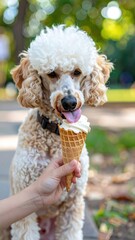 Happy poodle licking an ice cream cone held by a person in a sunny park setting with blurred greenery in the background