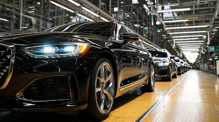 Fototapeta premium Luxury black sedan car assembly line modern factory industrial new metal 