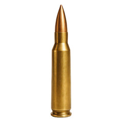 Close-up view of a striking metallic rifle cartridge, showcasing its detailed brass casing and pointed tip.