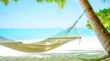 Serene beach relaxation spot: Empty hammock under tree awaits in tropical paradise by calm ocean. Ultimate escape.