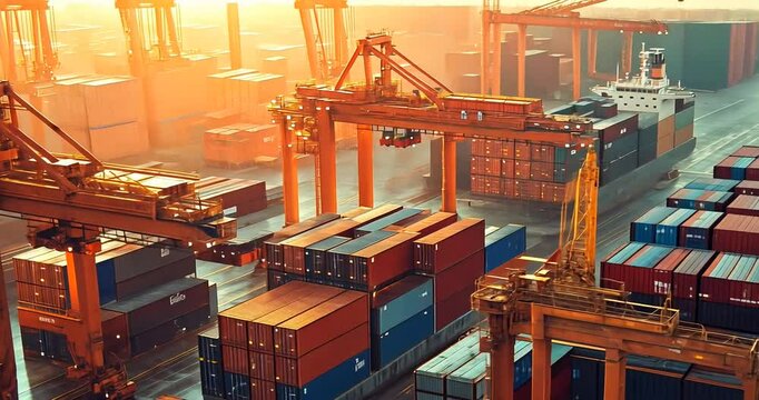 Busy shipping port with cranes and containers at sunset