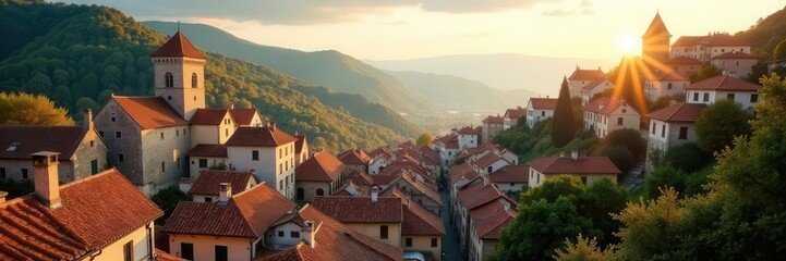 Fototapeta premium Sunlit Najac village rooftops, medieval architecture, France, Europe, cobblestone