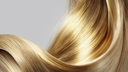 Naklejka premium Beautiful shiny blonde hair flowing in soft waves catches the light, showcasing healthy texture and vibrant color against a plain neutral background in studio shot.