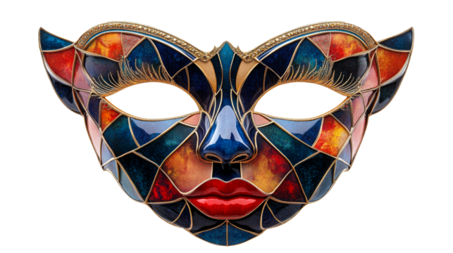 Ornate masquerade mask with red lips and lashes. cut out transparent