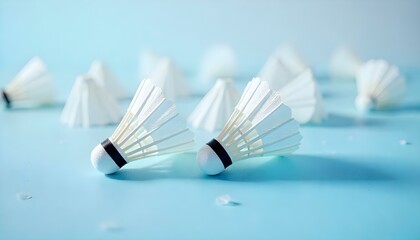 white badminton shuttlecocks in pile on white background
