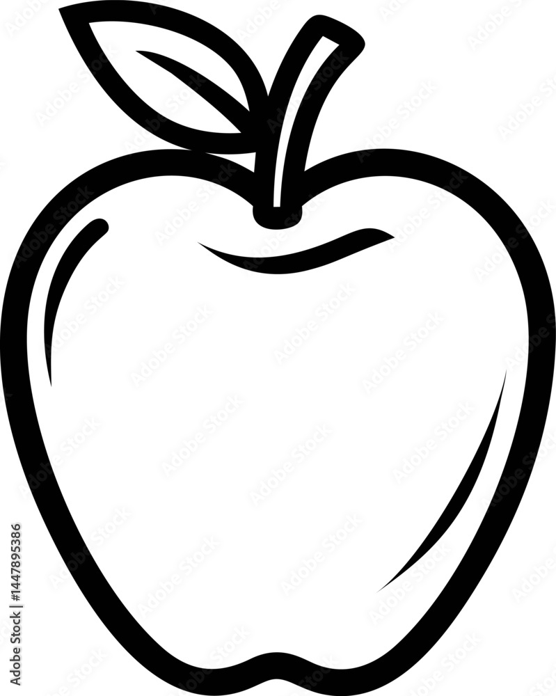 Poster simple black and white line drawing of an apple with a leaf outline. vector illustration