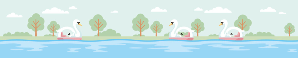 Obraz premium 木と水と空の風景の中に白鳥モチーフのスワンボートが浮かぶシームレスなベクターラインイラスト(Seamless vector line illustration of a swan boat with a white swan motif floating in a landscape of trees, water, and sky)