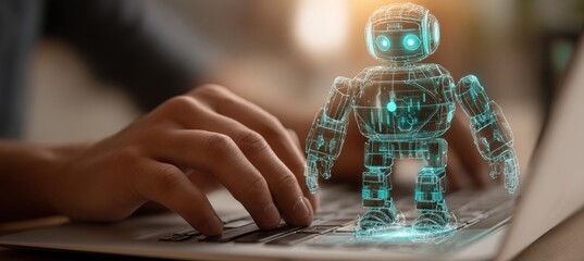 Holographic robot assistant projected from laptop with data visualization