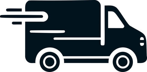 Obraz premium Simple black and white icon of a fast delivery truck. Vector illustration