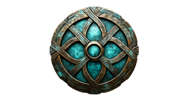 Ornate teal shield with ancient inscriptions. cut out transparent