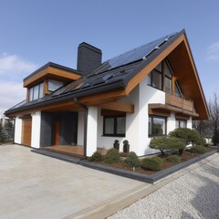 Energy efficient house featuring solar panels under intense sunlight - rooftop intense sunshine