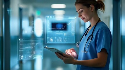 Female doctor interacting with floating digital medical data  
 - Powered by Adobe