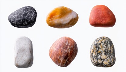 Collection of Six Smooth Colorful Stones on White Background