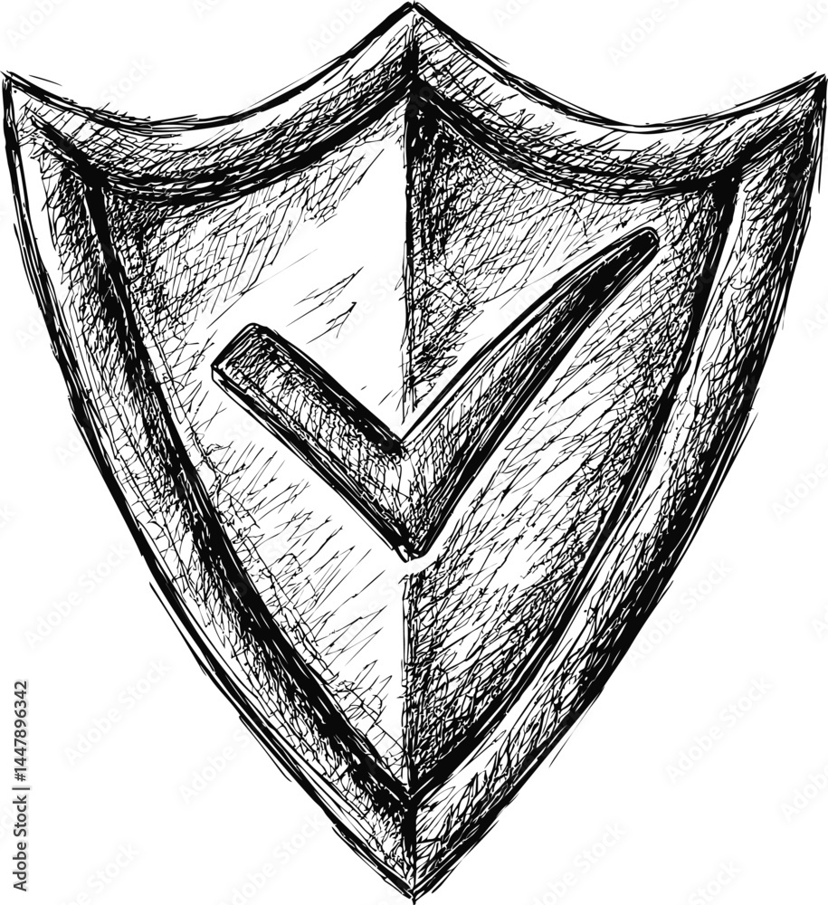 Aufkleber Black and white sketch of shield with check mark symbolizing security. Vector illustration