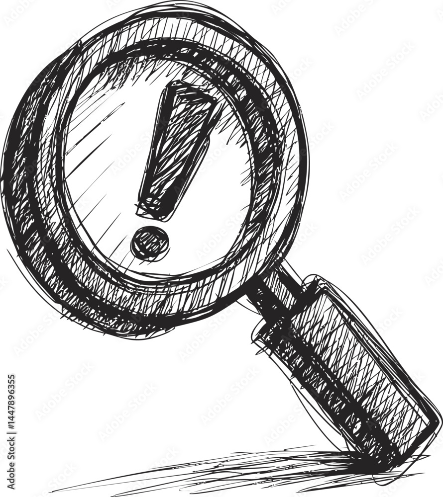Poster sketch of magnifying glass with exclamation mark in black and white. vector illustration