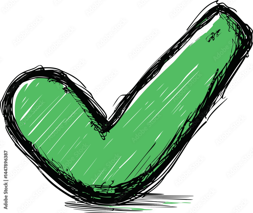 Poster green sketch-style check mark with black scribbled outline on white background. vector illustration