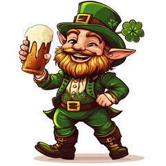 A cheerful leprechaun holds a beer and a clover leaf.
