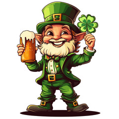 A cheerful leprechaun holds a beer and a clover leaf.